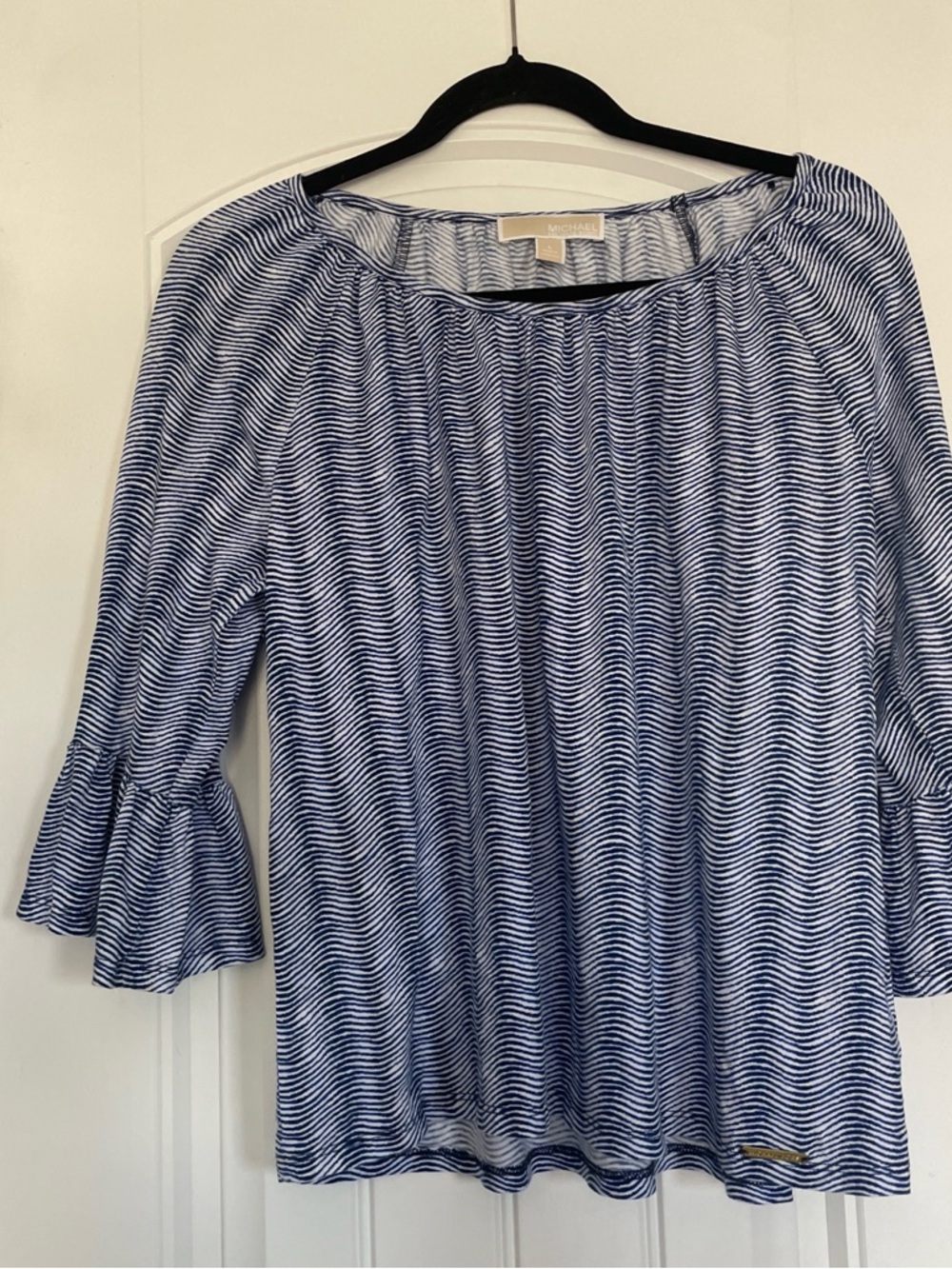 Michael Kors Blue White Chevron Blouse Size L Bell Sleeve Boho Top
